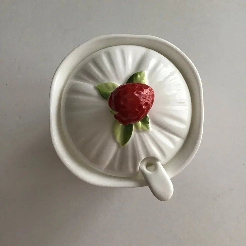 Jam Jar Bone China Covered Strawberry Marmalade Preserves Lid Spoon Vintage